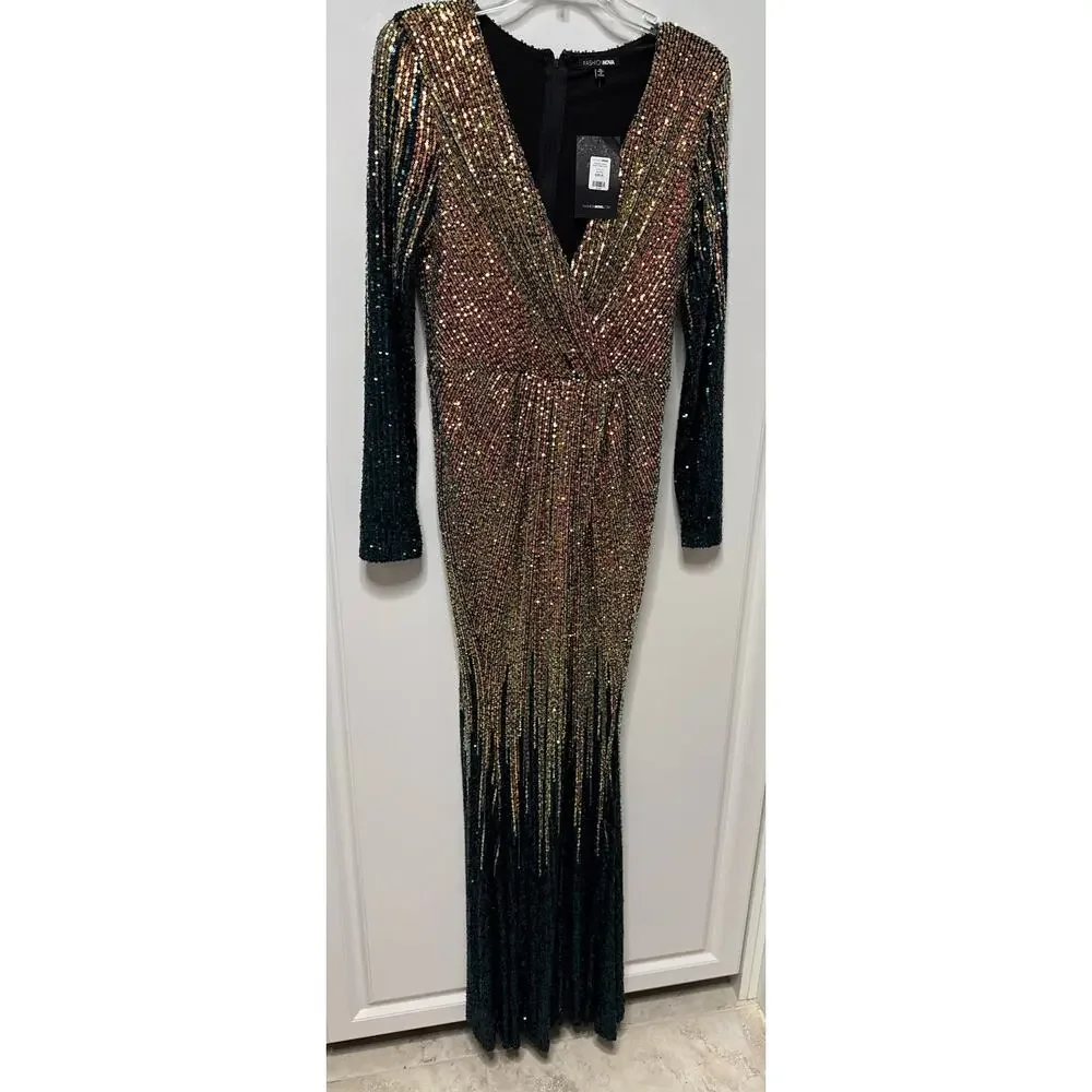Fashion Nova Sequin Gown v-neckline long sleeves Chasing Dreams Maxi XL NWT - Picture 8 of 9